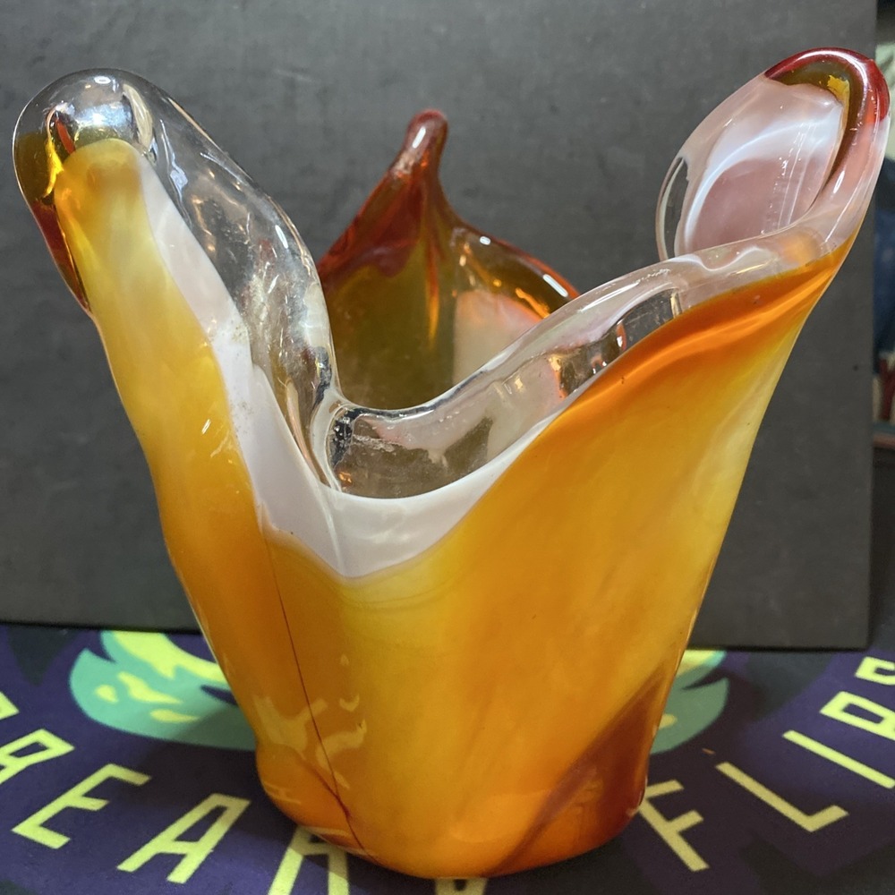 Kreiss Japan Art Glass Hand Blown Fire Orange Vase VTG 6.75" Handkerchief Flame